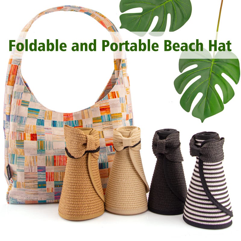 MAYLISACC 2 Pack Wide Brimmed Sun Protection UPF50+ Straw Sun Visor Hats with Cute Bowtie for Women Foldable Packable Black&Beige - Image 5
